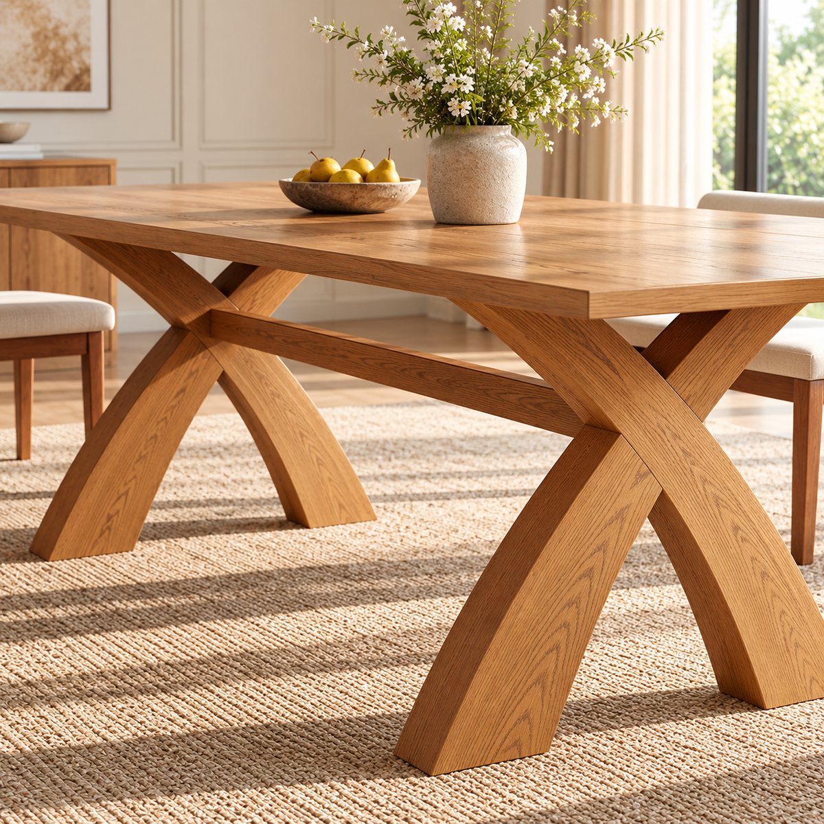 79" Mid-Century Rattan Chair Wooden Dining Table Set
