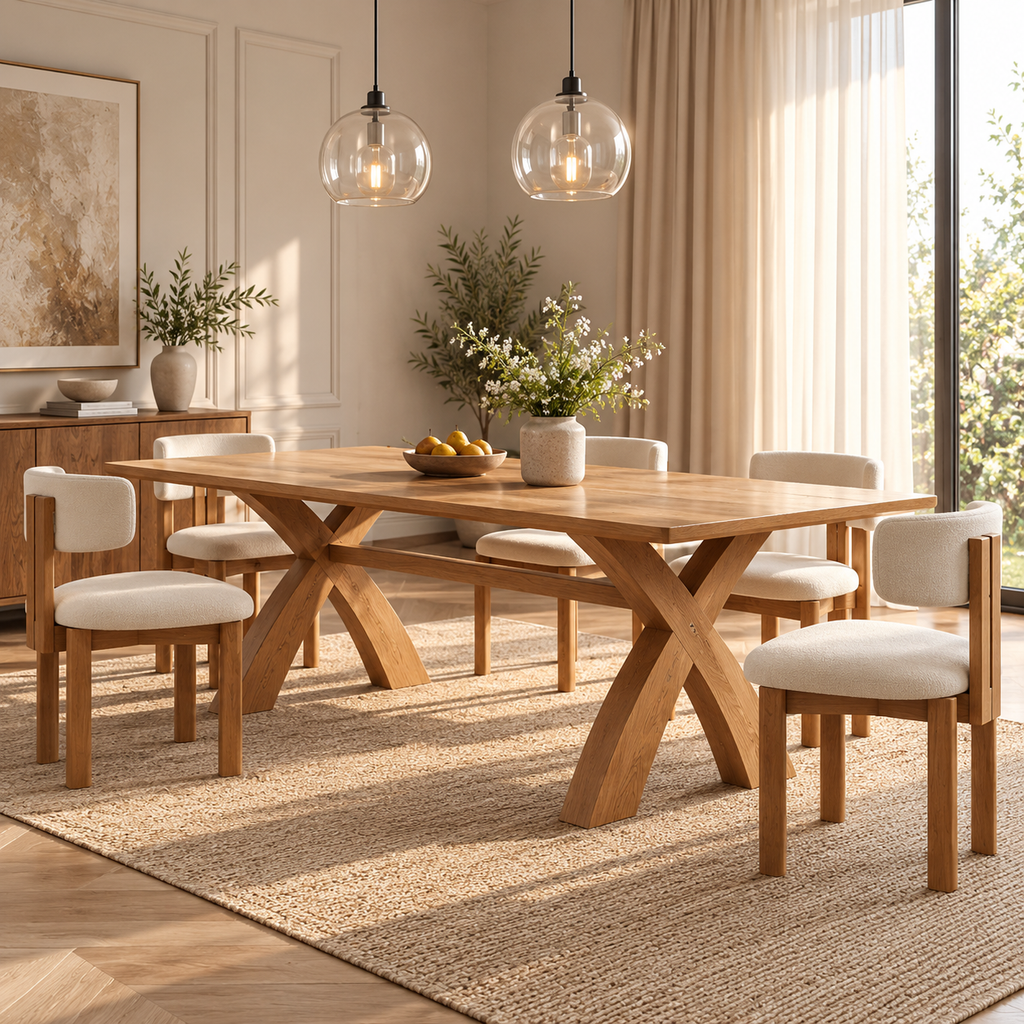 79" Mid-Century Rattan Chair Wooden Dining Table Set