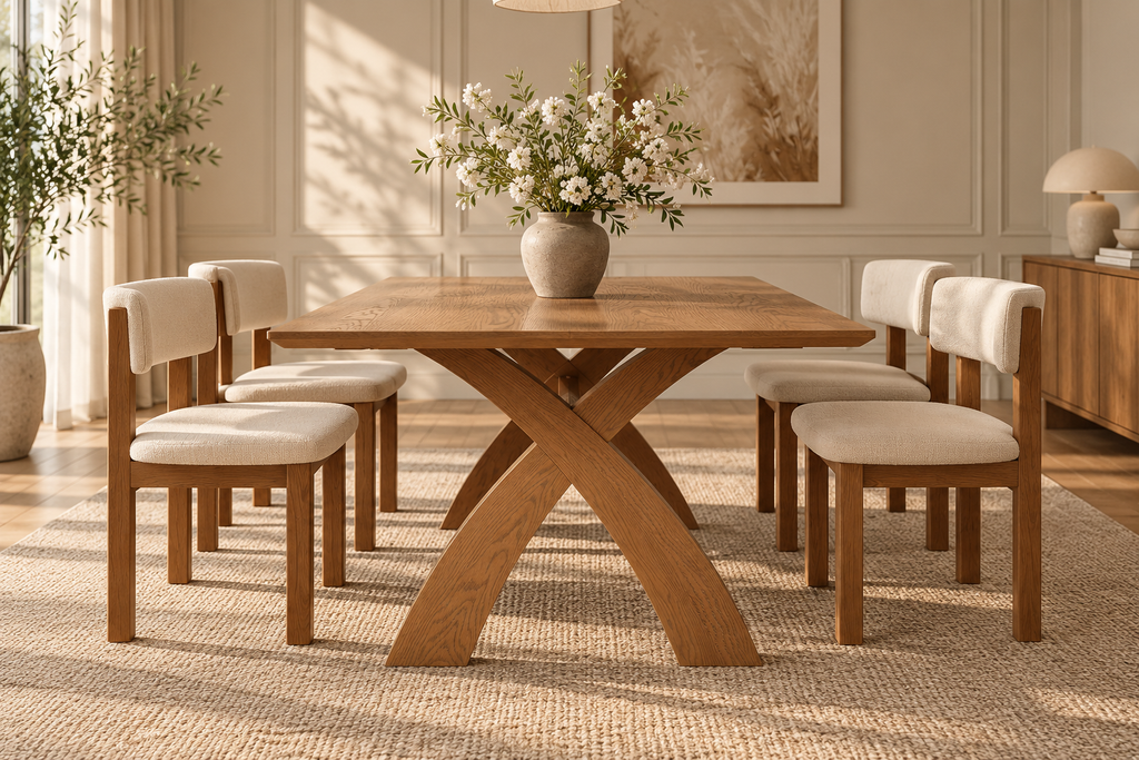 79" Mid-Century Rattan Chair Wooden Dining Table Set