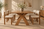 79" Mid-Century Rattan Chair Wooden Dining Table Set