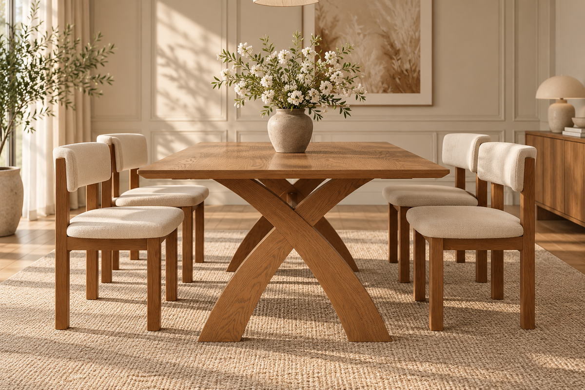 79" Mid-Century Rattan Chair Wooden Dining Table Set