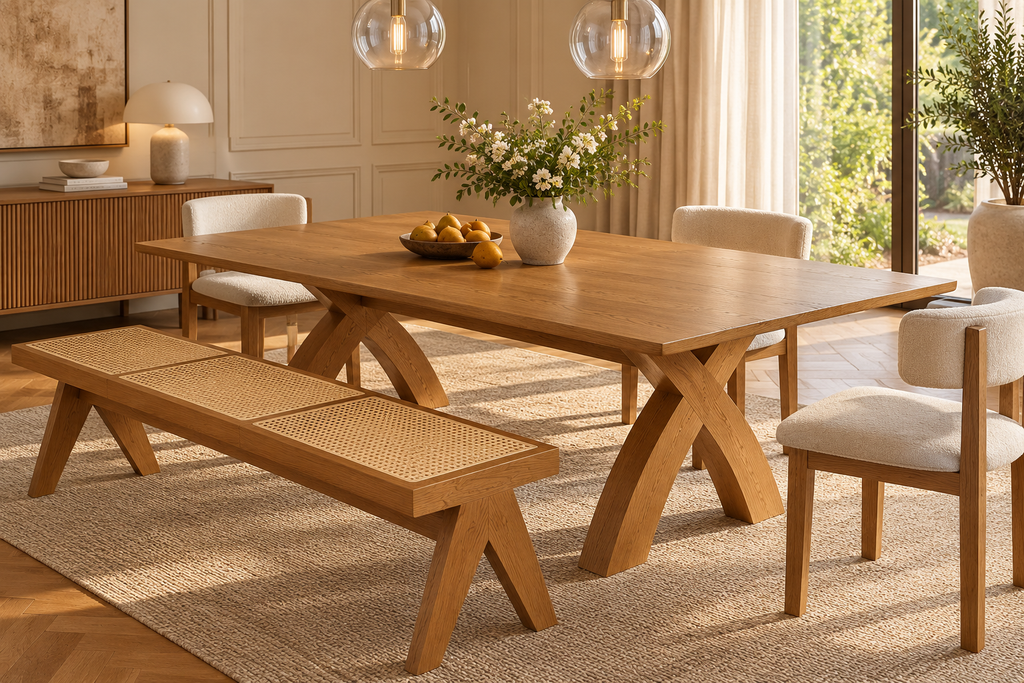 79" Mid-Century Rattan Chair Wooden Dining Table Set