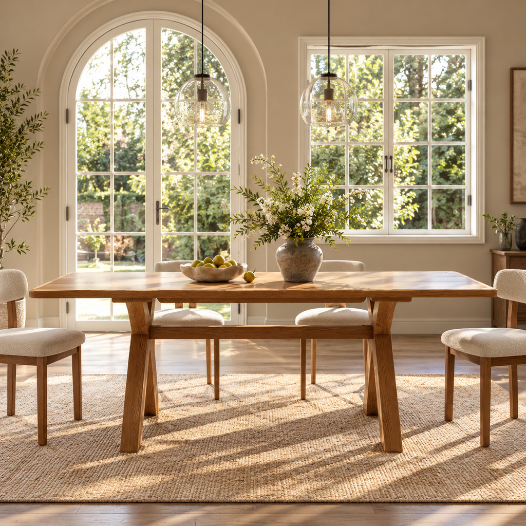 79" Mid-Century Rattan Chair Wooden Dining Table Set