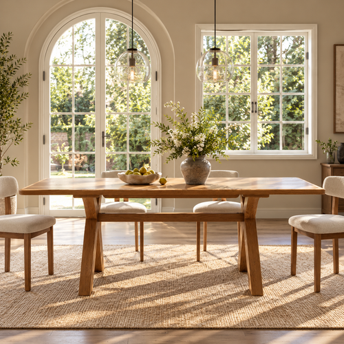 79" Mid-Century Rattan Chair Wooden Dining Table Set