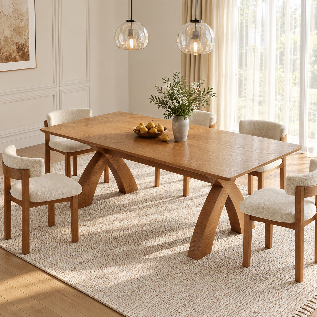 79" Mid-Century Rattan Chair Wooden Dining Table Set