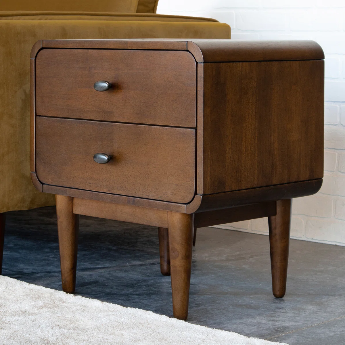 Retro Walnut Curved Bedside Table