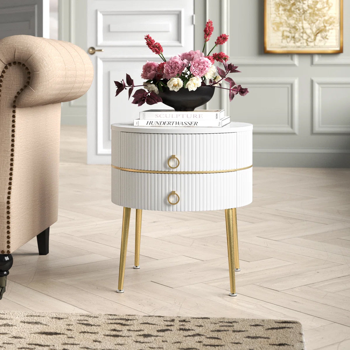 Luxury Round White Bedside Table