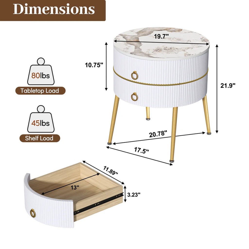 Luxury Round White Bedside Table
