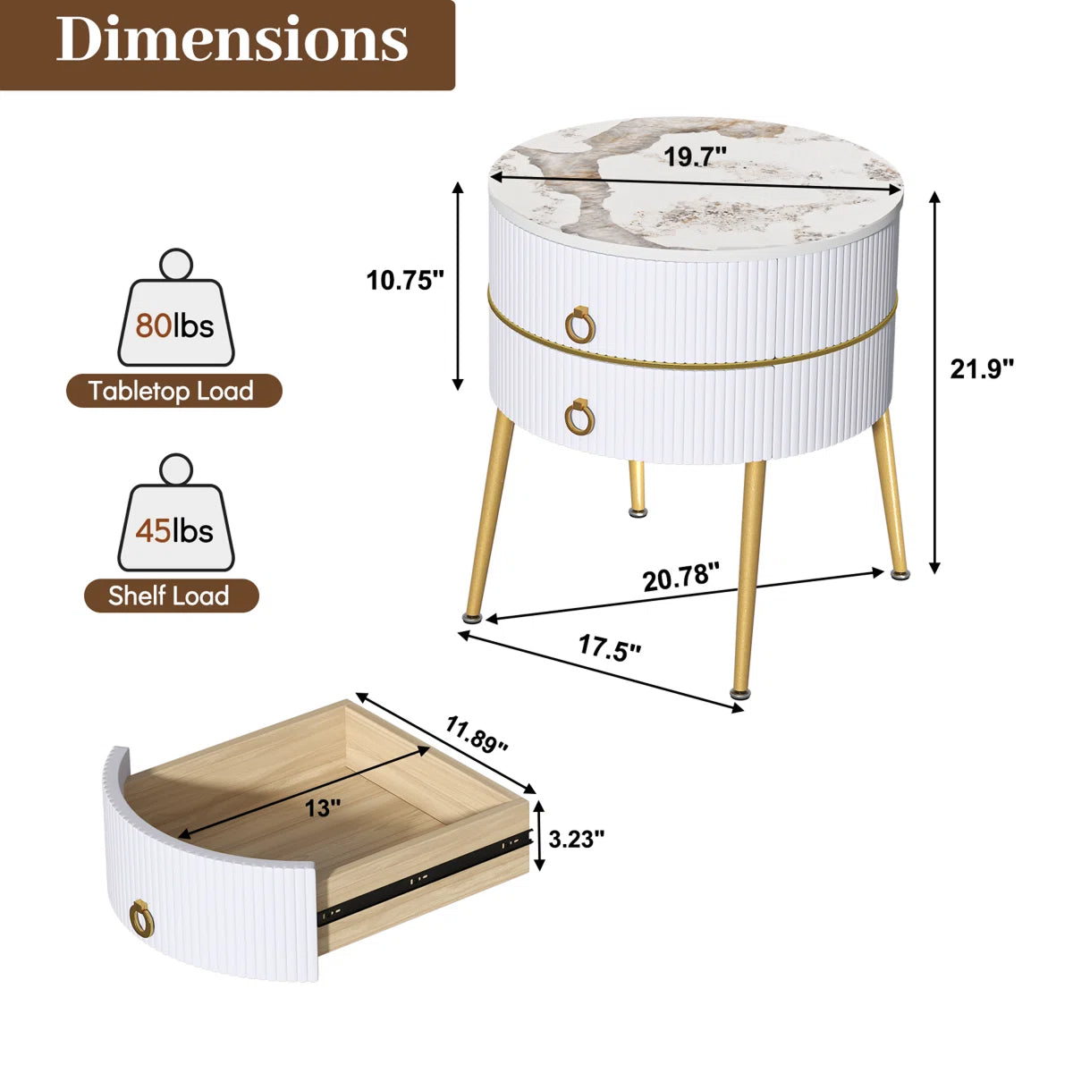 Luxury Round White Bedside Table