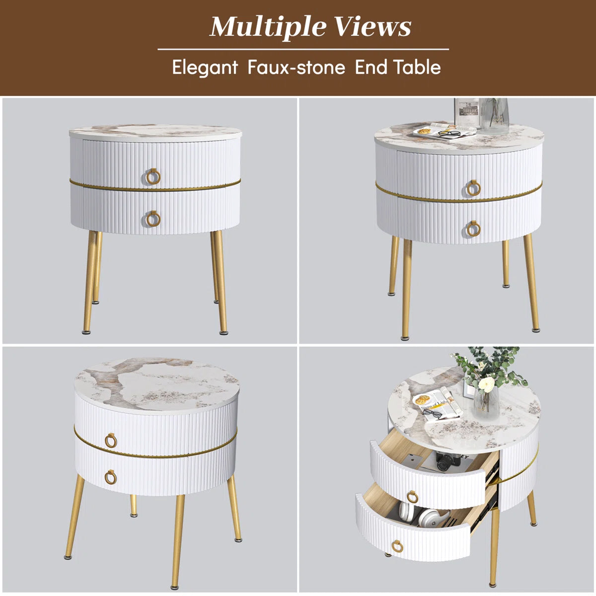 Luxury Round White Bedside Table