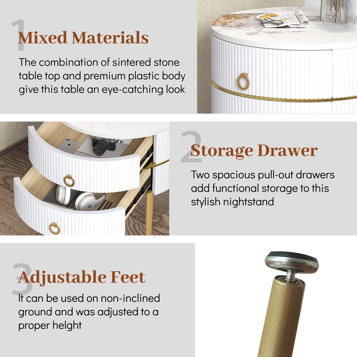 Luxury Round White Bedside Table