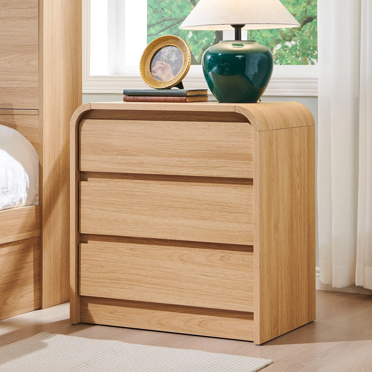 Rounded Oak 3-Drawer Bedside Table