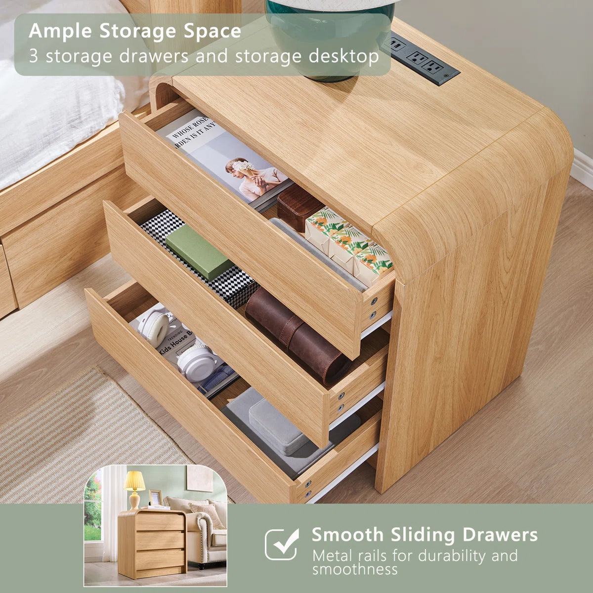 Rounded Oak 3-Drawer Bedside Table