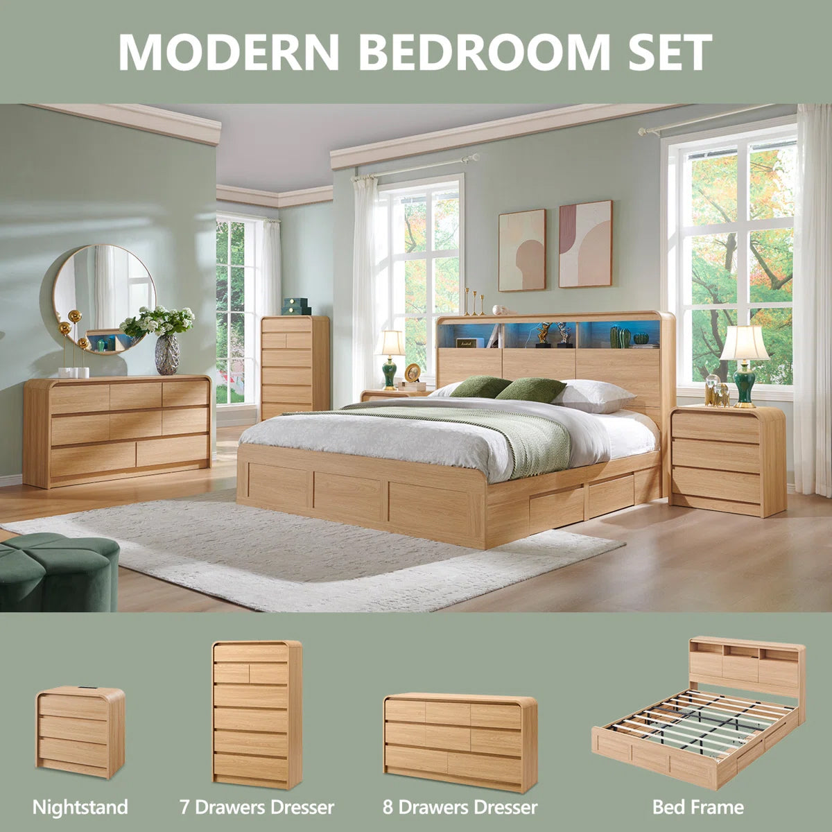 Rounded Oak 3-Drawer Bedside Table