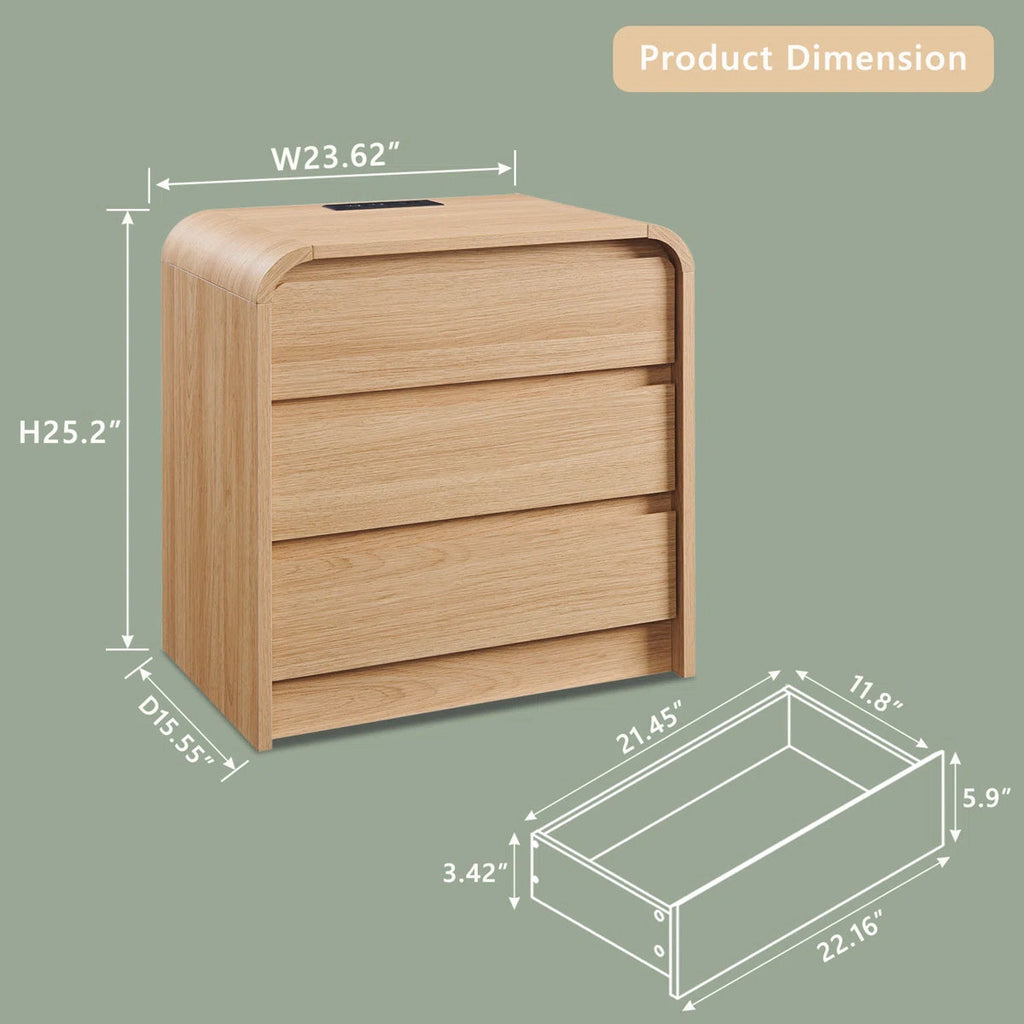 Rounded Oak 3-Drawer Bedside Table